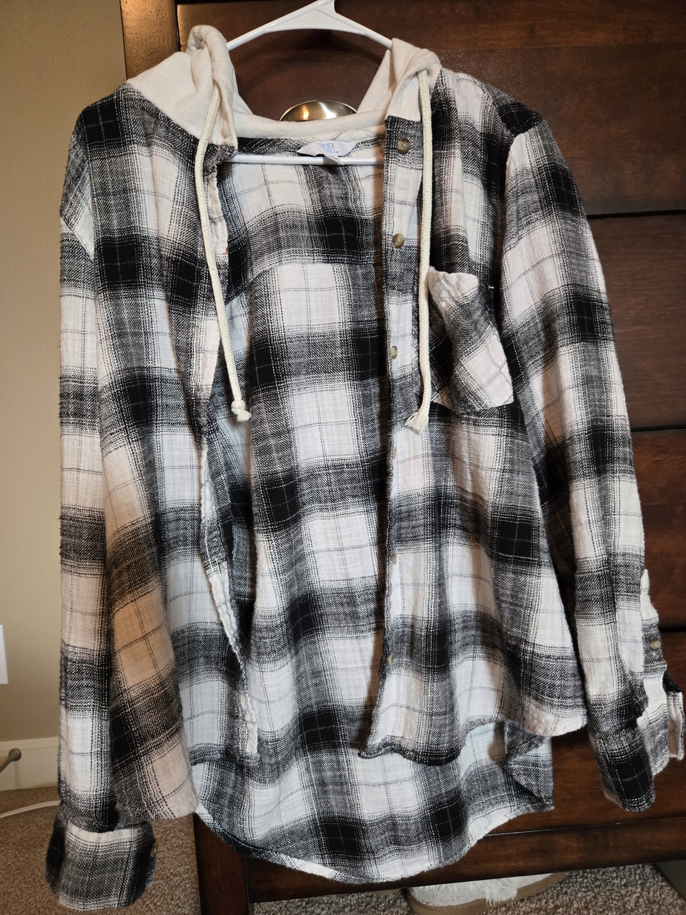 Time and Tru Black and White Plaid Hooded Shirt